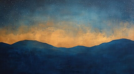 Poster - Silhouetted mountains beneath a starry night sky with a glowing horizon at dusk