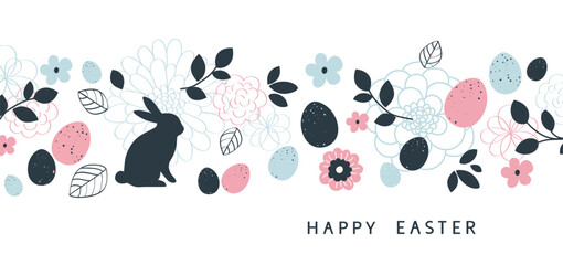 Aufkleber - Happy Easter design template. Holiday white background with Easter Bunny on horizontal ornament with color eggs, abstract spring flowers and leaves. Vector stock illustration
