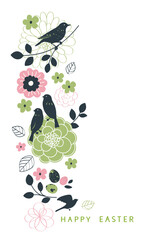 Aufkleber - Happy Easter design template. Holiday white background with forest bird sitting on twig on vertical ornament with abstract spring flowers and leaves. Vector stock illustration