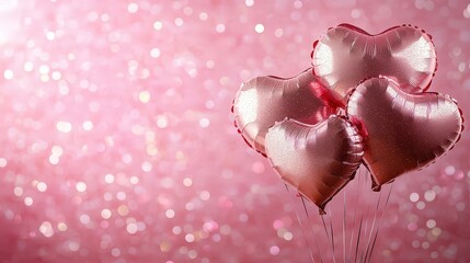 Wall Mural - Heart-Shaped Inflatable Foil Balloons Against Shimmering Pink Background Perfect for Celebrations, Parties, and Romantic Occasions