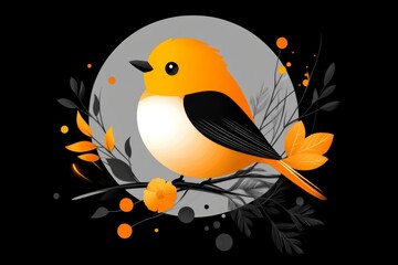 Aufkleber - A flat design of a yellow bird perched on a branch, with simple details and soft shades, placed against a white background