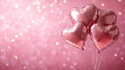 Wall Mural - Heart-shaped Inflatable Foil Balloons on a Shimmering Pink Background for Celebrations, Parties, and Romantic Occasions