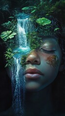 Aufkleber - Child's serene face blended with natural elements evokes tranquility and connection to the earth's beauty