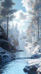 Poster - Winter Waterfall Landscape: Serenity in the Snow