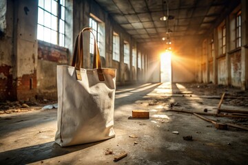 Wall Mural - Grunge urban exploration: Abandoned building backdrop, white canvas tote, brown leather handles.