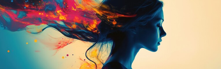 Aufkleber - Portrait of a woman with vibrant flowing colors representing creativity and inner peace at sunrise