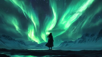 Poster - Mystical woman illuminated by vibrant aurora in a serene winter landscape at night
