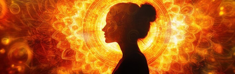 Aufkleber - Mystical woman bathed in golden light against a radiant background evoking an ethereal atmosphere