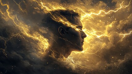Aufkleber - Mystical profile of a man illuminated by swirling energy and light in a celestial landscape