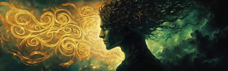 Leinwandbilder - Mystical profile of a man filled with swirling patterns in a dreamlike environment