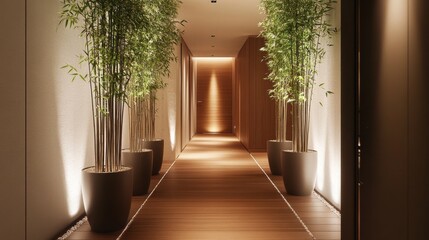 Aufkleber - Stylish modern hallway lined with tall potted bamboo and warm lighting creating a serene atmosphere
