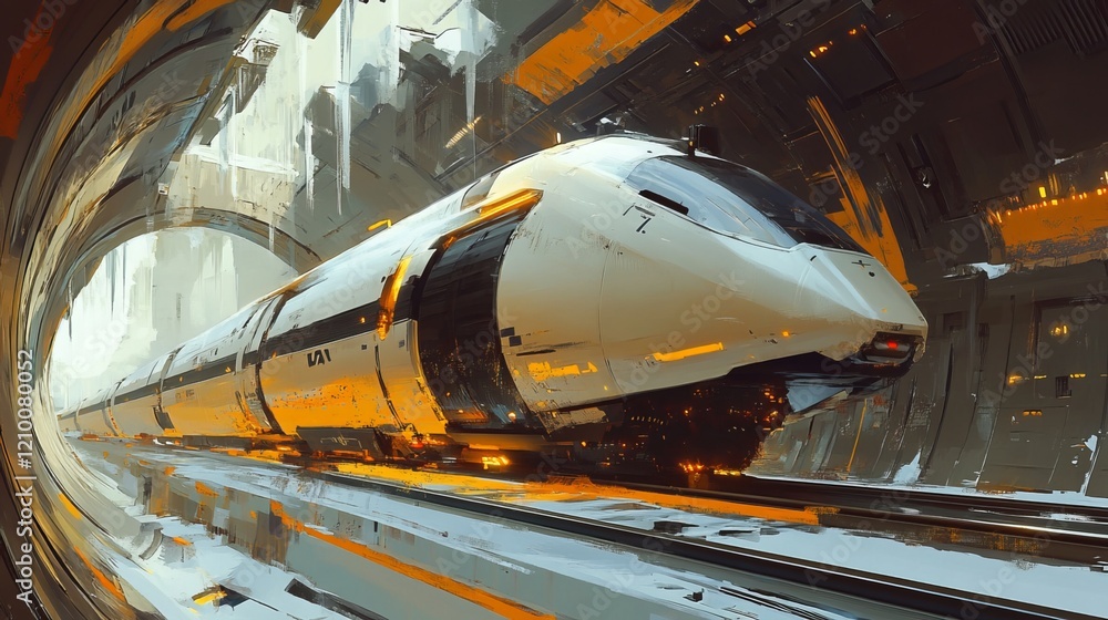 High-speed underground transport emerges from a tunnel, blurring the ...