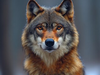 Wall Mural - close-up portrait of a wolf with striking orange eyes and snowy fur details