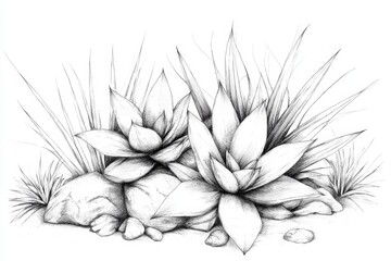 Aufkleber - A simple black-and-white line drawing of a yucca tree, with bold, sharp leaves and a clean aesthetic