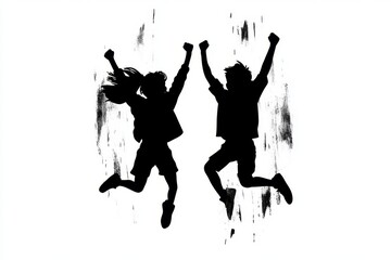 Canvas Print - A simple design of two silhouettes of youth jumping in mid-air, symbolizing joy and energy, on a plain white background