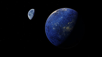 Wall Mural - a dark blue planet with a moon in the upper left corner. the background is black.