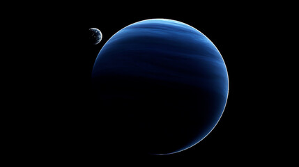 Wall Mural - a dark blue planet with a moon in the upper left corner. the background is black.