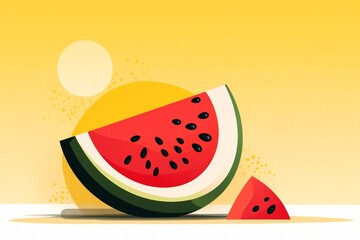 Leinwandbilder - A simple representation of a slice of watermelon with bold colors and geometric patterns, set against a sunny yellow background