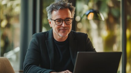 Aufkleber - Elegant workspace with a man enjoying productive time while working on a laptop in a cozy atmosphere