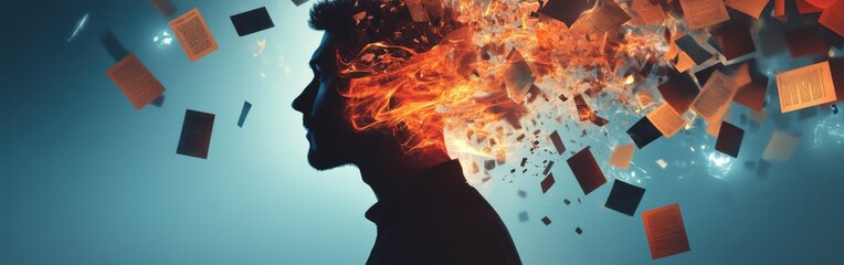 Poster - Man radiating light with books and flames symbolizing creativity and knowledge in a surreal setting