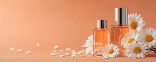 Poster - A refined and trendy perfume composition, featuring bottles and flowers in a pink-hued illustration, crafted by  modern