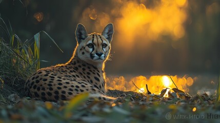 Wall Mural - Cheetah resting peacefully during golden hour with beautiful bokeh background