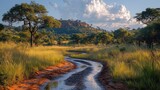 Winding path through savanna with a rocky outcrop and a clouded sky
