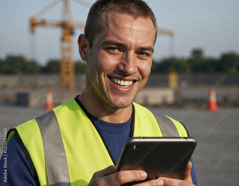 Guy Using Tablet Smiling man in safety vest using tablet, construction site background ...