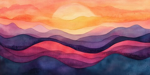 Poster - Watercolor sunset gradient with vibrant hues of orange, pink, and purple over layered mountains during twilight