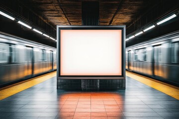 Wall Mural - Mock up Poster media template Ads display in NYC Train Subway Station with moving Train on background. Realistic 3d render illustration