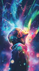 Poster - Child glowing with cosmic energy surrounded by radiant shooting stars and vibrant auroras in a magical sky