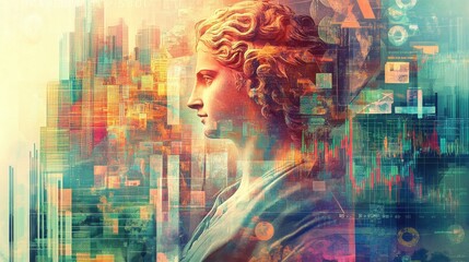 Poster - Vibrant fusion of classic art and modern financial data in a double exposure style showcasing investment concepts