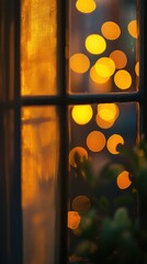 Poster - Warm golden-yellow bokeh circles illuminate a cozy indoor space during late afternoon hours
