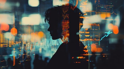 Leinwandbilder - Trader silhouette merges with stock market graphs in a dynamic scene of financial analysis and activity