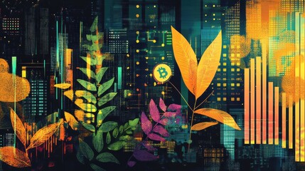 Aufkleber - Symbolic visualization of digital currencies intertwined with vibrant blockchain networks and rising financial graphs