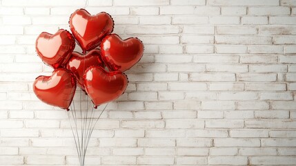 Wall Mural - Red Heart Shaped Balloons Floating Against a Textured White Brick Wall Perfect for Celebrations, Events, or Romantic Occasions