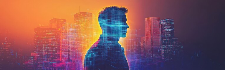 Poster - Silhouette of architect blended with vibrant cityscape and glowing blueprints in surreal design
