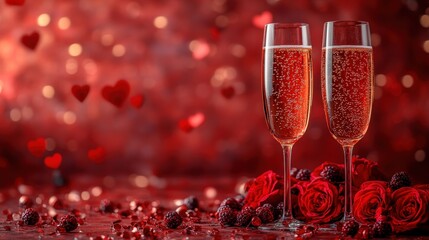 Wall Mural - Romantic Champagne Toast with Red Roses and Heart Background for Valentine's Day Celebration, Perfect for Love and Affection Themes