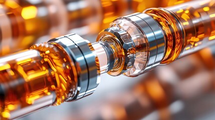 Fototapete - Abstract metallic structure with orange fluid inside a transparent tube on a blurred background