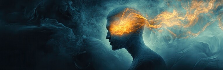 Poster - Mystical profile of a man, illuminated with glowing rivers and waterfalls, exuding natural energy and power in a serene atmosphere