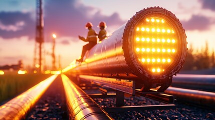Aufkleber - Two workers on pipeline with bright lights during sunset at industrial construction site