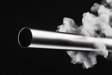 Poster - Metal pipe with white smoke on black background industrial abstract smoke cloud steam vapor