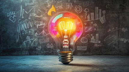 Aufkleber - Glowing multicolored light bulb in industrial space surrounded by innovation symbols and diagrams