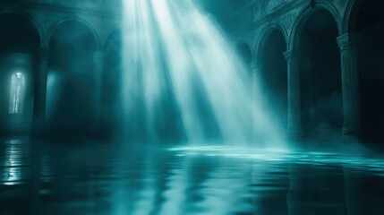 Poster - Cinematic atmosphere with dark teal and silver beams illuminating a foggy, reflective space at twilight