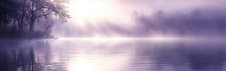 Poster - Radiant sunlight breaks through misty morning fog over serene lake in early autumn