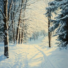 Sticker - Sunlit Winter Path in Snowy Forest