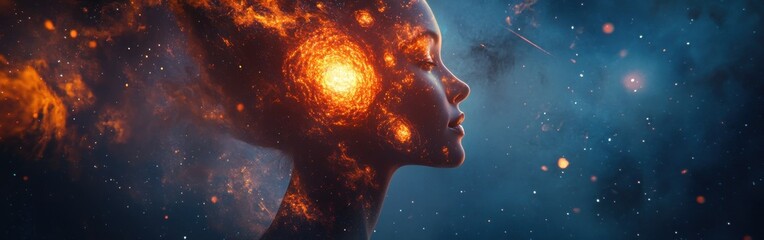 Aufkleber - Surreal glowing representation of a woman emanating cosmic light in a dreamy celestial landscape