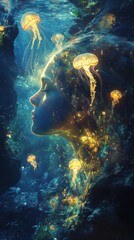 Poster - Surreal representation of a glowing woman underwater with jellyfish illuminating the depths at twilight