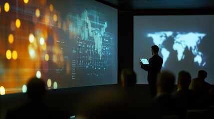 Poster - Dynamic business presentation showcasing data analytics and global trends at a corporate conference