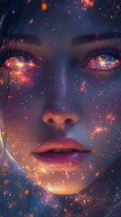 Aufkleber - Serene portrait of a woman with cosmic elements illuminating her features in a dreamlike setting